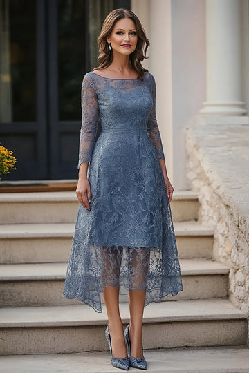 Dentelle Bleu Poussiéreux Trapèze Robe Midi Mère de la Mariée